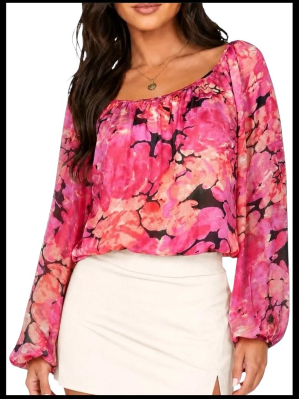 CAbi Blouse Pink Peach Floral Wide Neck M